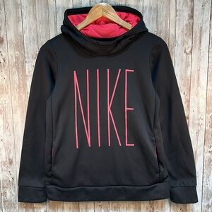 Nike Girls Logo Sweatshirt sz XL Dry-Fit Spell Out Pocket Black Pink Hood Fleece